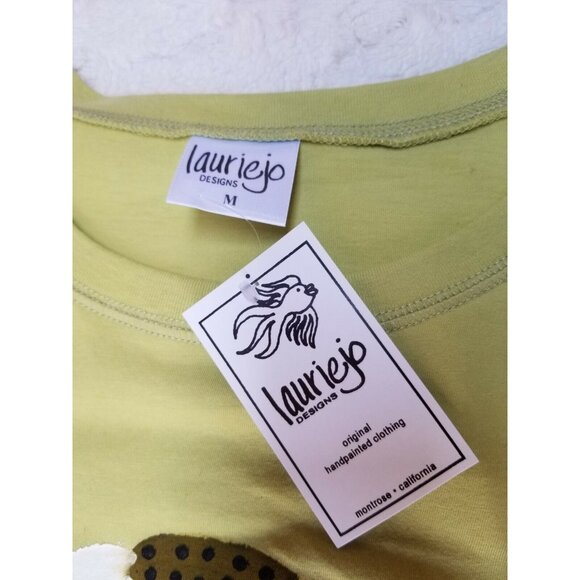 New Lauriejo Designs Womens Medium Handpainted Sunflower Top 3/4 Sleeve Lime USA - Picture 3 of 8